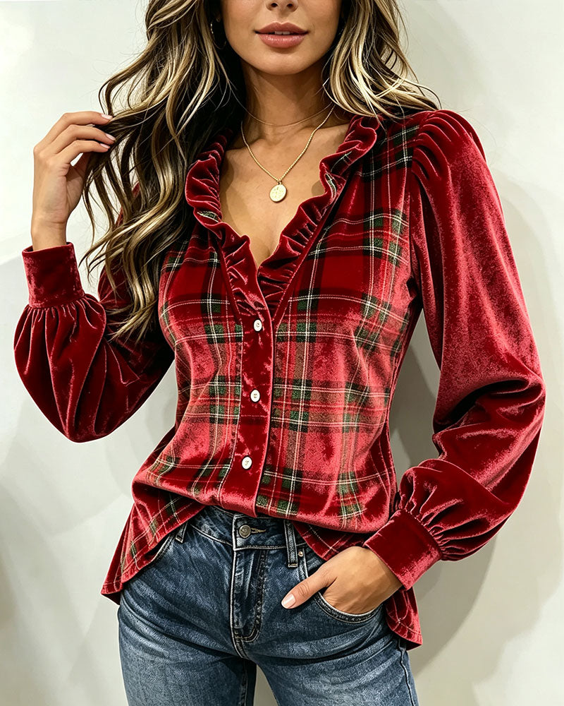 Blus Ruffle V-Hals Sammet Rutig Panel