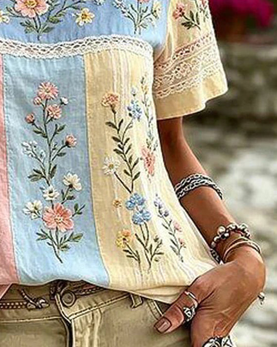 Blus Rundhals Lapptäcke Blommig
