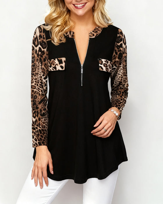 Långärmad Hoodie Med Leopardtryck Och Halvblix