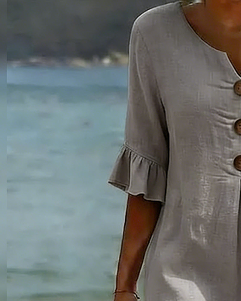 Klänning Knapp Rynkad Ärm 100% Bomull