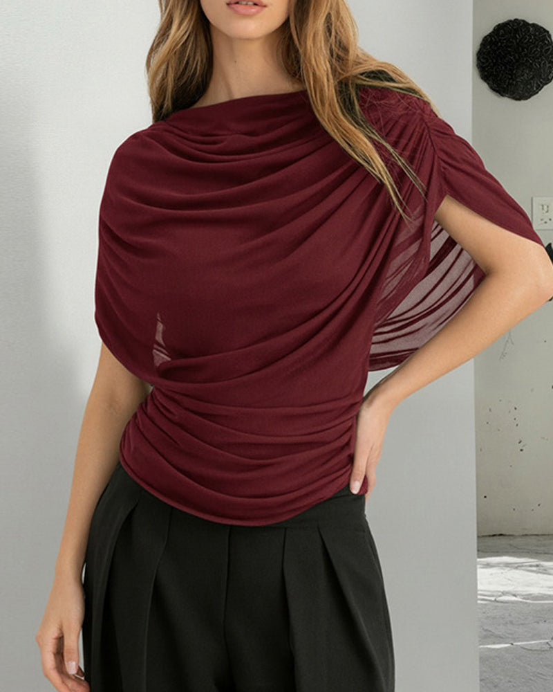 Blouse Mesh Scarf Hals Draped Slim Fit