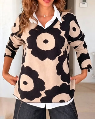 Pullover Blommönster V-Hals