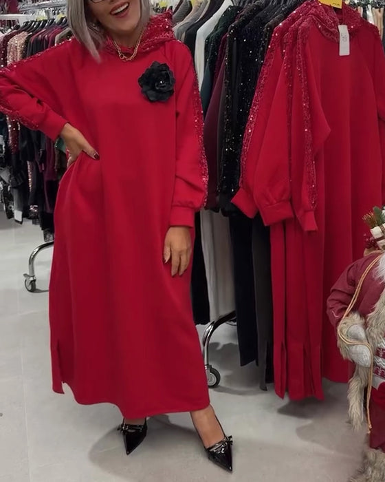 Klänning Med Huva Glitter Broderi Lång