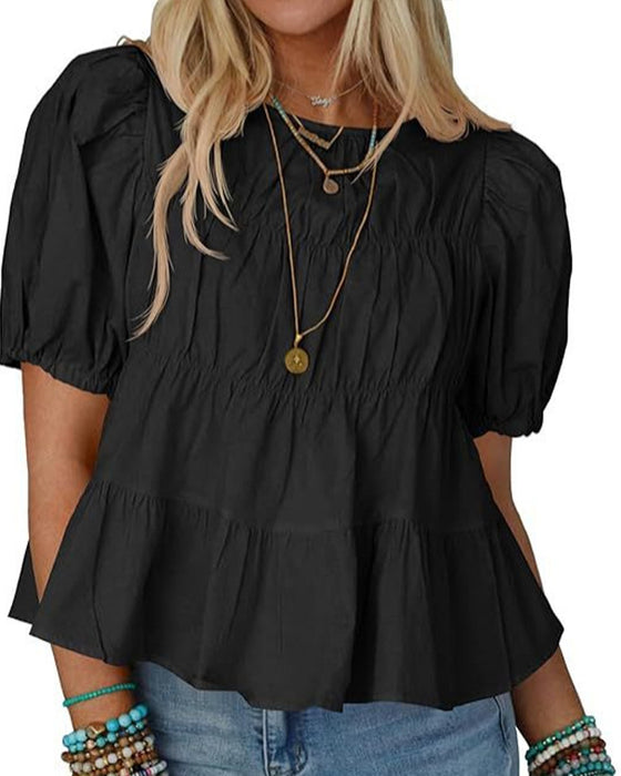 Blus Puffärm Loose-Fit Rynkad