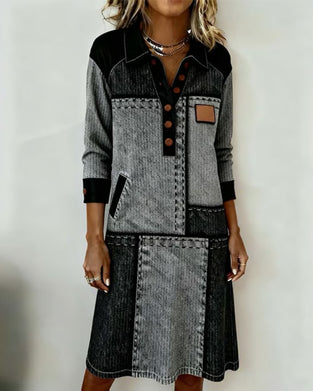 Klänning Knapp Slag V-ringning Färgblock Modern