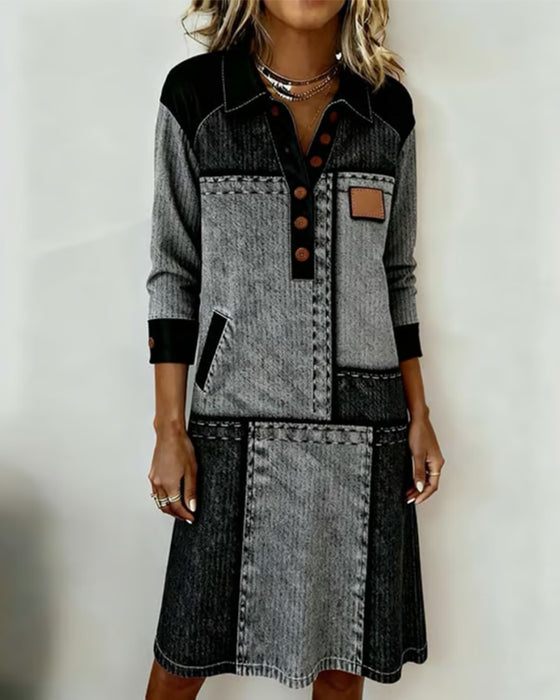 Klänning Knapp Slag V-ringning Färgblock Modern