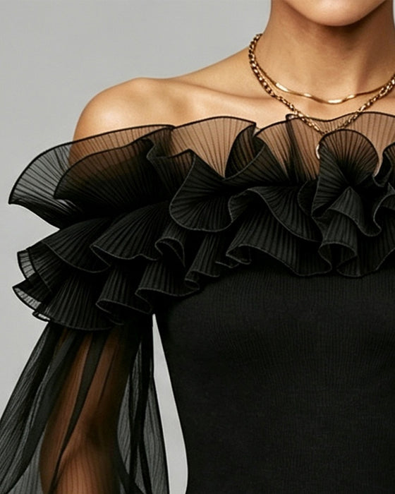 Topp Off-Shoulder Nät Volang Enfärgad
