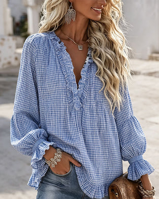 Blus Ruffle Kant Avslappnad Rutig