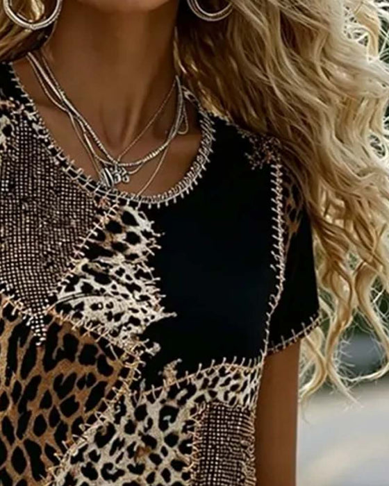 Blus Rundhals Leopard Tryck Kontrast Kort Ärm