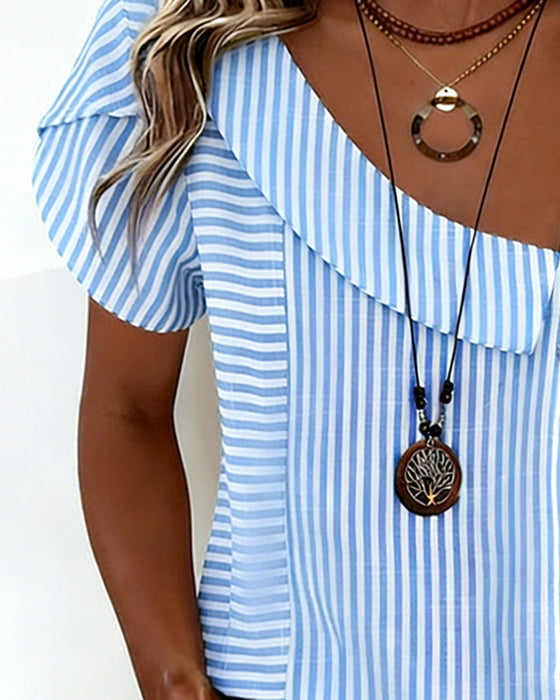 Blus Randig Puffärm Asymmetrisk