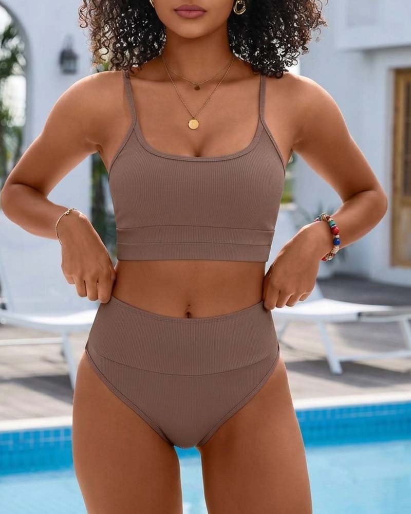 Bikini Solid U Hals Hög Midja