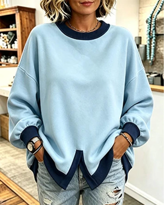 Sweatshirt Färgblock Slits Runda Halsen