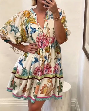 Babydollklänning Bohemisk V-Ringning Mönstrad