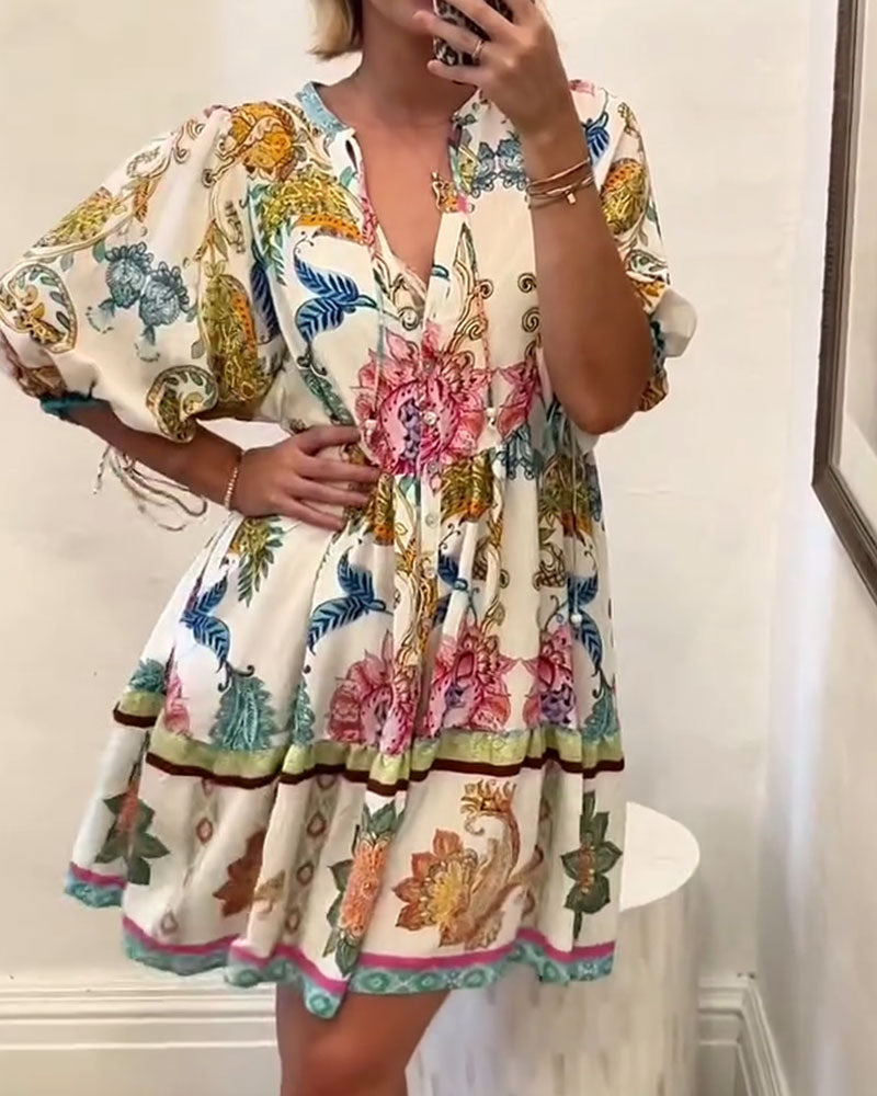 Babydollklänning Bohemisk V-Ringning Mönstrad