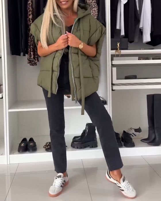 Hooded enfärgad dragkedja med kort ärm vadderade jackor