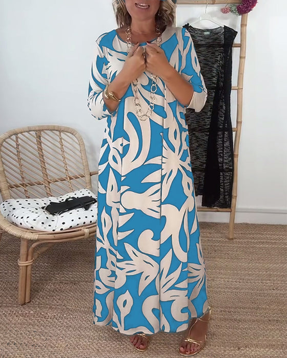 Klänning Med Rund Hals Och Långa Ärmar Med Tryck