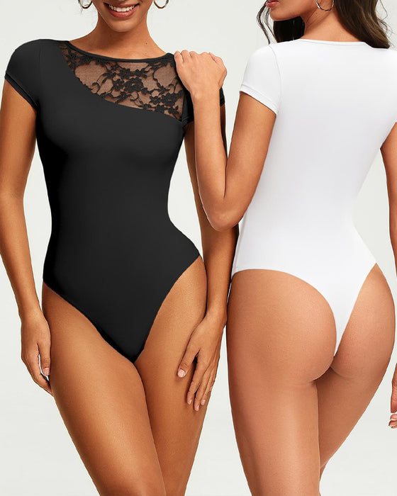 T-Shirt Sheer Spets Panel Figursydd Bodysuit