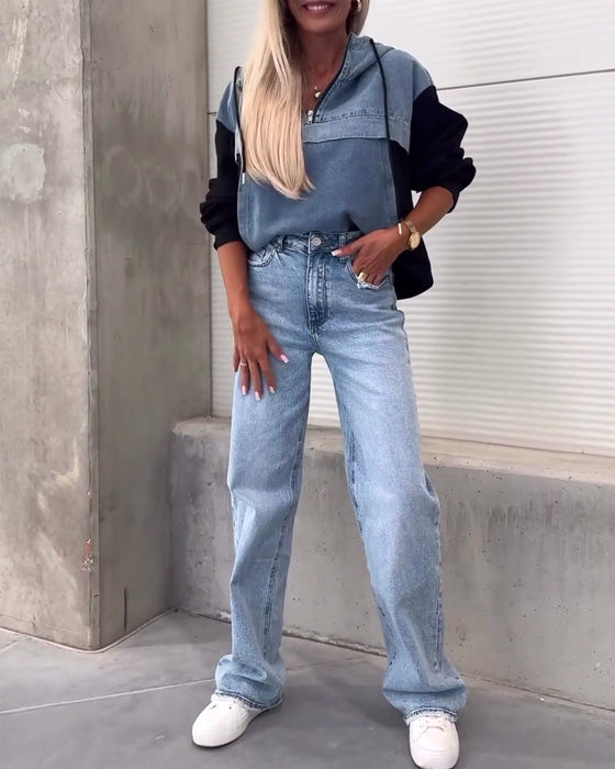 Avslappnad luvtröja med lapptäcke i denim med dragkedja