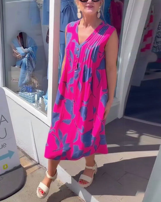 Klänning V-ringad ärmlös tryckt