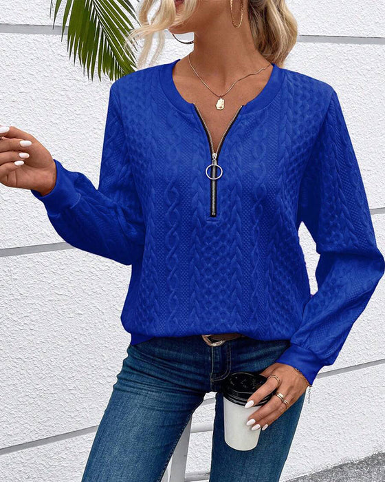 Casual enfärgad långärmad tröja med dragkedja