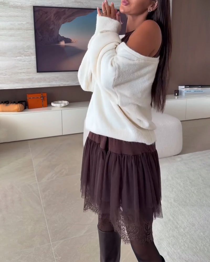 Avaxlad Lössittande Tröja & Spetsfåll Klänning