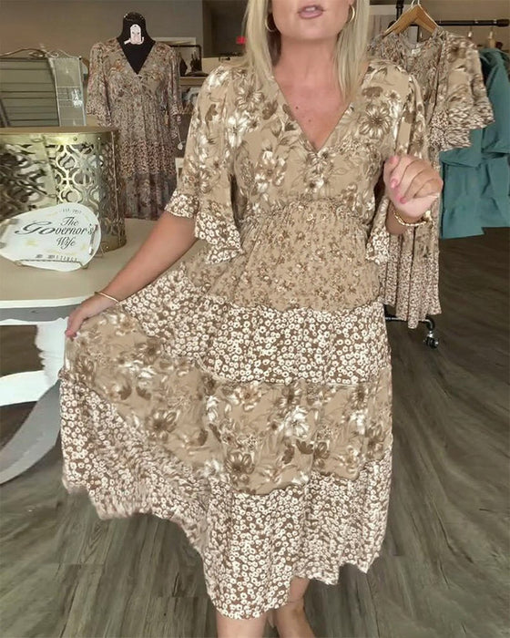 Klänning V-Ringning Lotuskärm Blommig