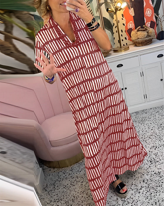 Tryckt kortärmad lång avslappnad klänning