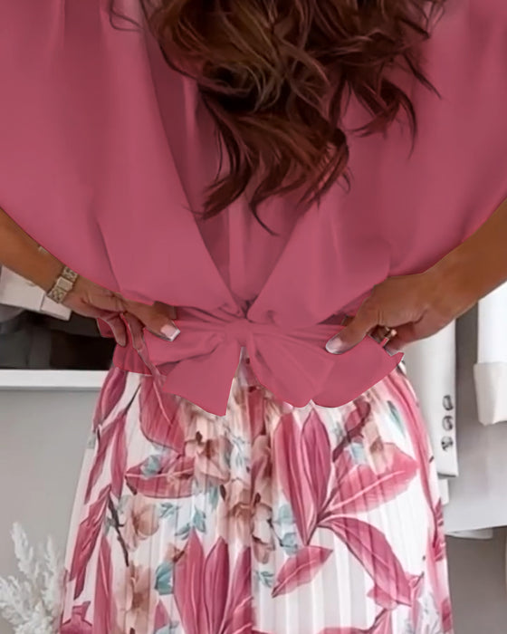 Blus Enfärgad Midjeband Kort Ärm