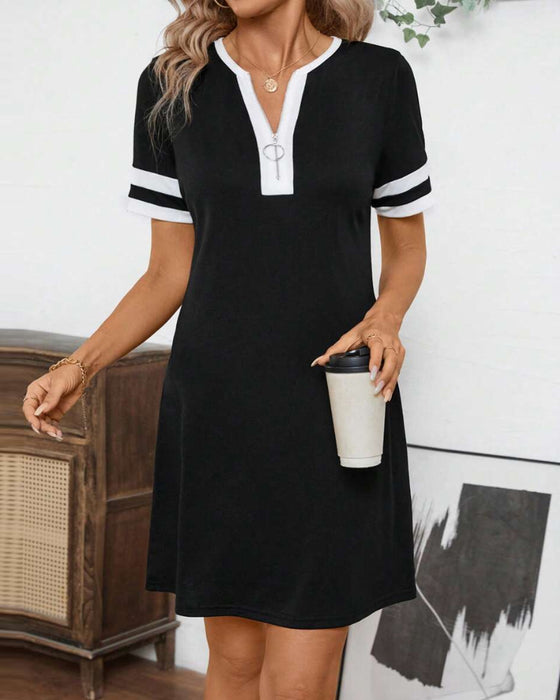 Klänning Halvdragkedja Färgblock Slim-Fit Kortärmad