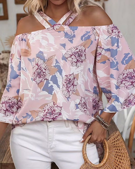 Blus Blommig Kors Off-Shoulder