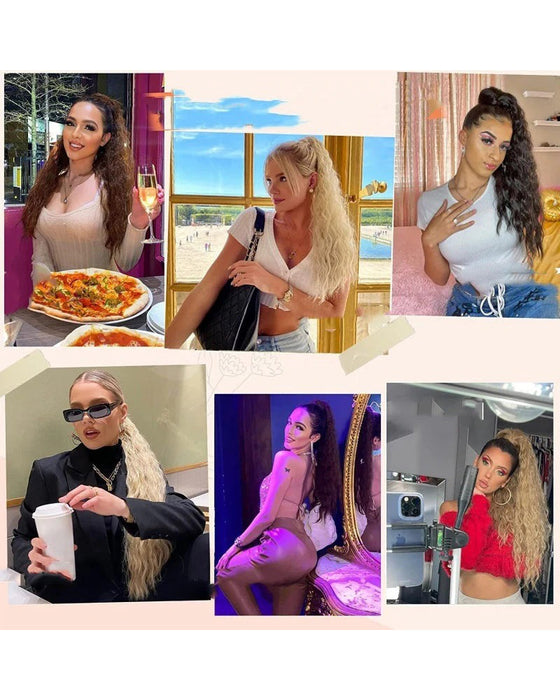 Lockigt Vågigt Frissigt Hårförlängning Med Hästsvans