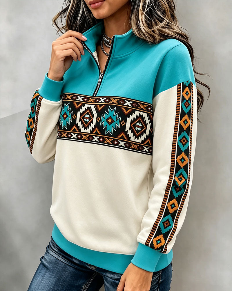 Hoodie Etnisk Geometrisk Print Halvdragkedja Mandarin Krage