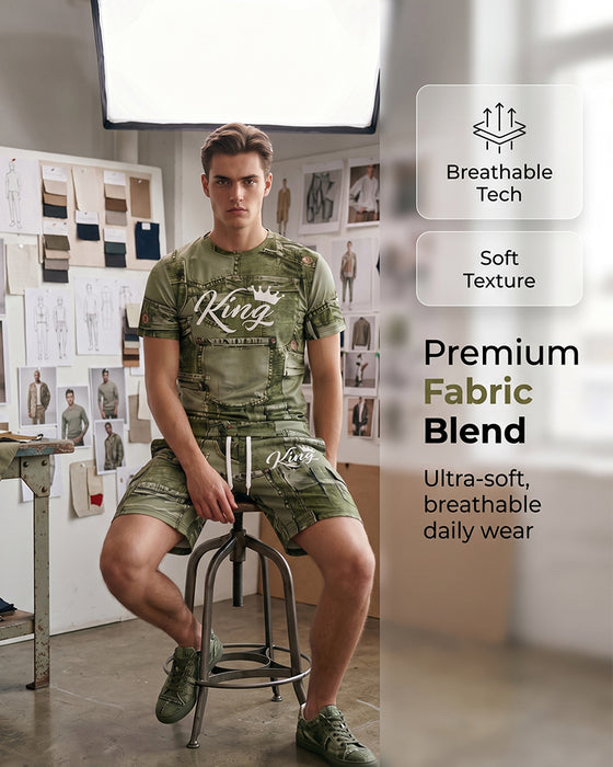 Herrset Med Rundhalsad Monogram-T-Shirt Och Dragsko-Shorts