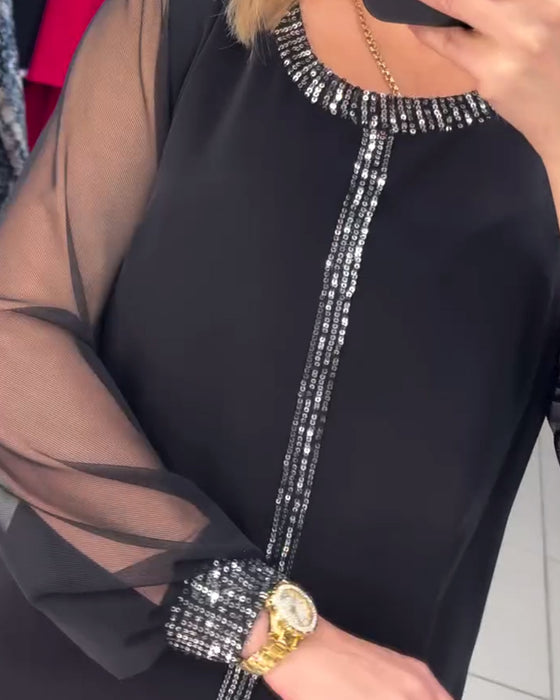 Blus Med Paljettpanel Och Långa Ärmar