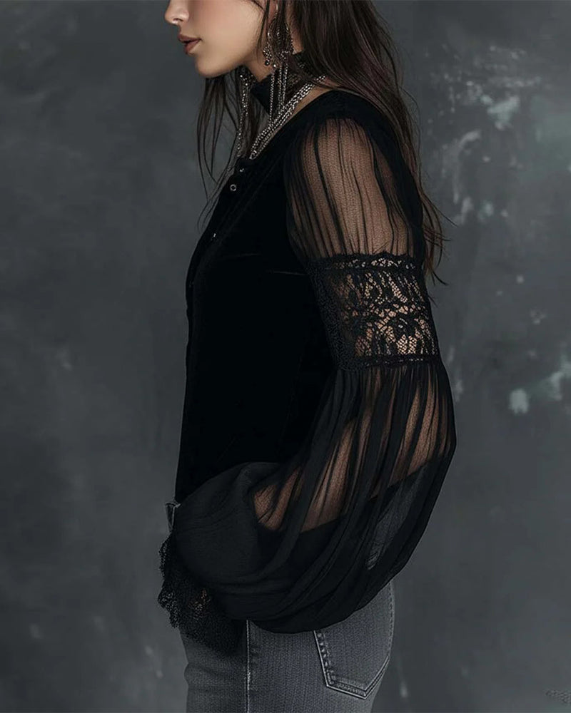 Blus Knapp I Halv V-Ringad Puffärm