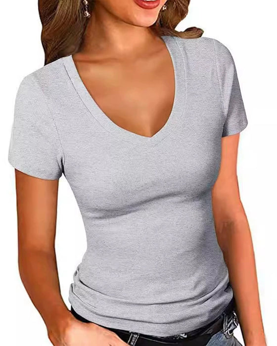 T-Tröja Ribbad Slim Fit V-Ringning Kortärmad