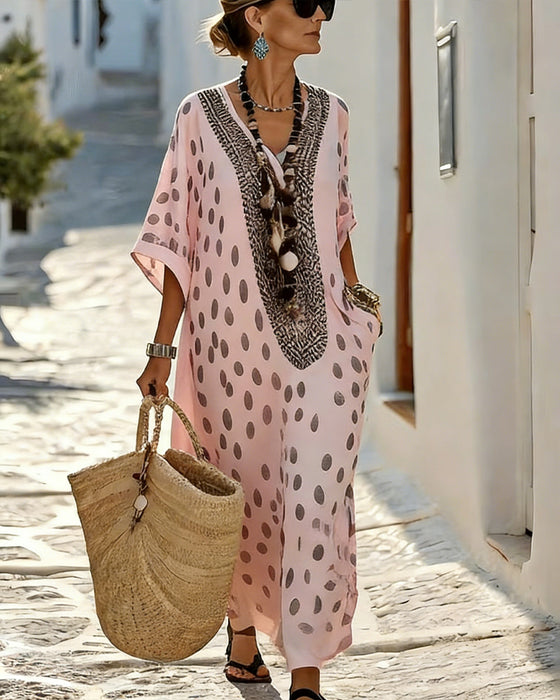 Klänning V-Ringning Prickig Semester Tryck