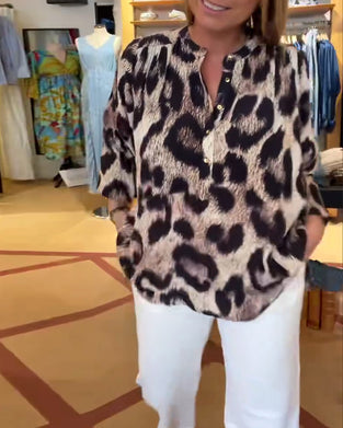 Blus Löst Leopardtryck Halv Knapp