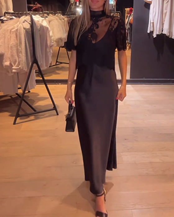 Set Spets Och Meshblus Med Draperad Slipklänning