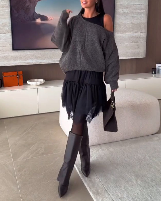 Avaxlad Lössittande Tröja & Spetsfåll Klänning