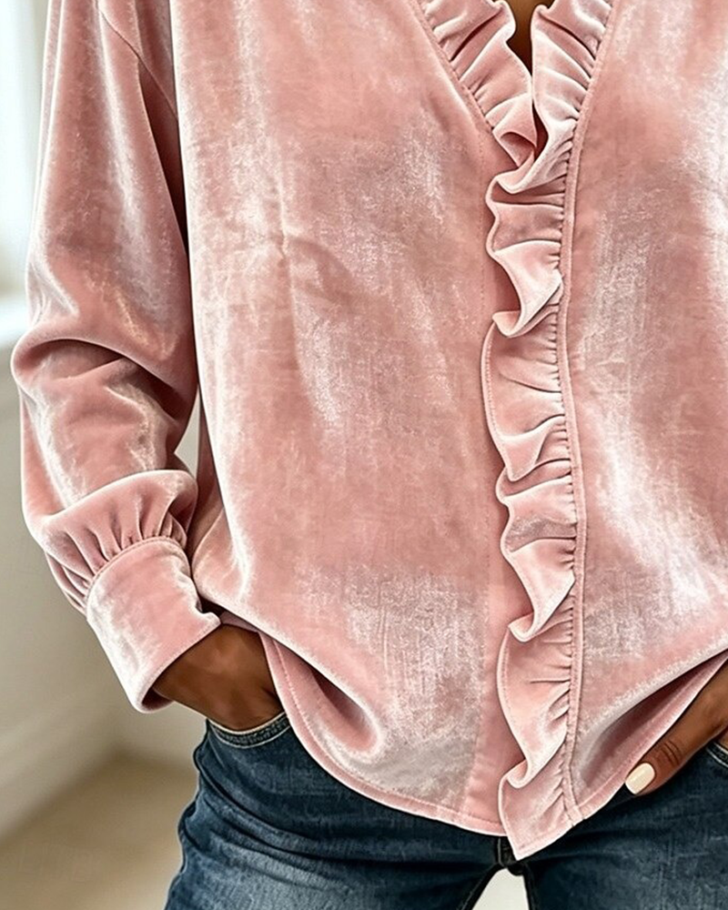 Blus V-Hals Ruffle Solid