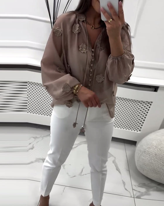 Blus Enfärgad 3D-Blommig Snörning