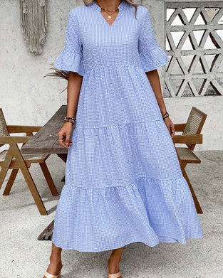 Kläning Blå Vit Gingham V-Hals