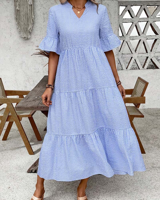 Kläning Blå Vit Gingham V-Hals