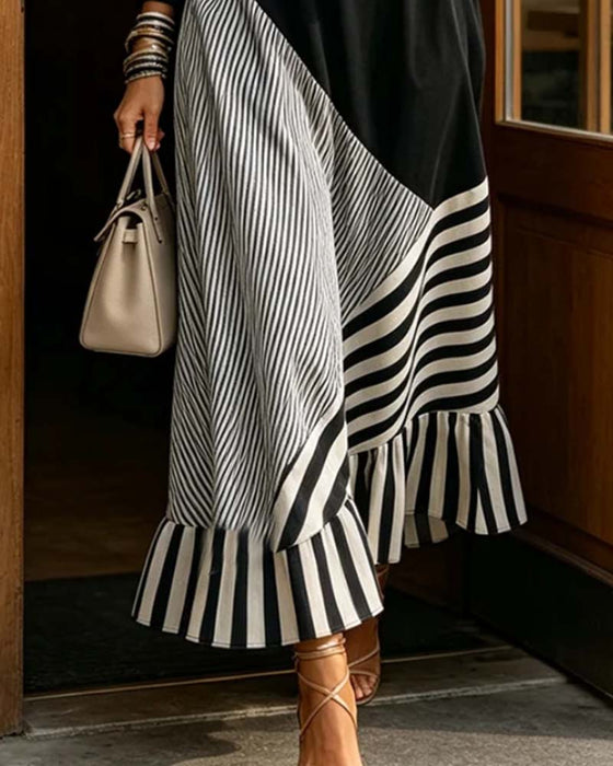 Klädning V-Hals Rand Patchwork Ruffle