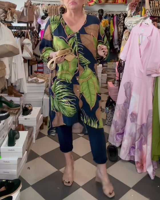 Lös Klänning Med Lövtryck Och V-Ringning