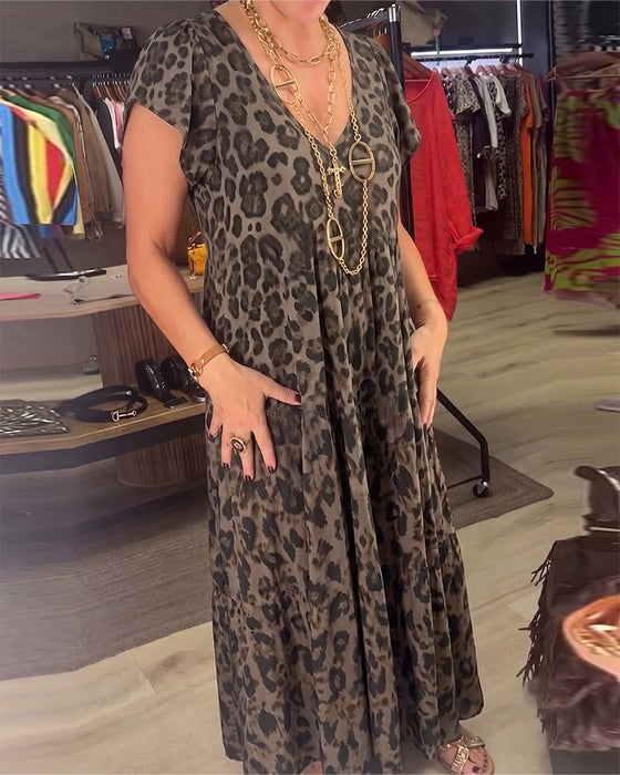 Klädning V-Hals Leopard Kort Ärm