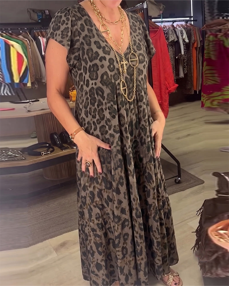 Klädning V-Hals Leopard Kort Ärm