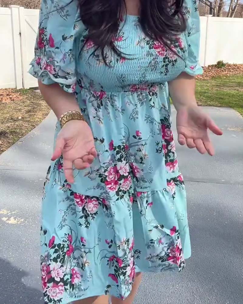 Klänning Blommig Fyrkantig Hals Smockad