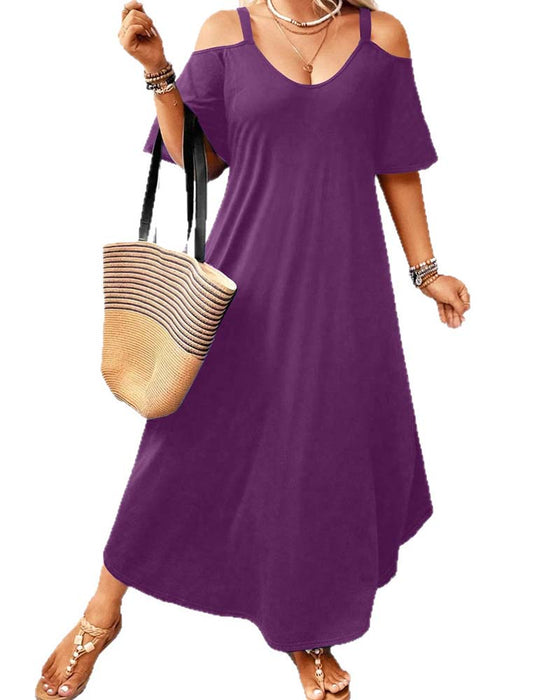 Klänning Enfärgad V-Ringning Off-Shoulder Lång